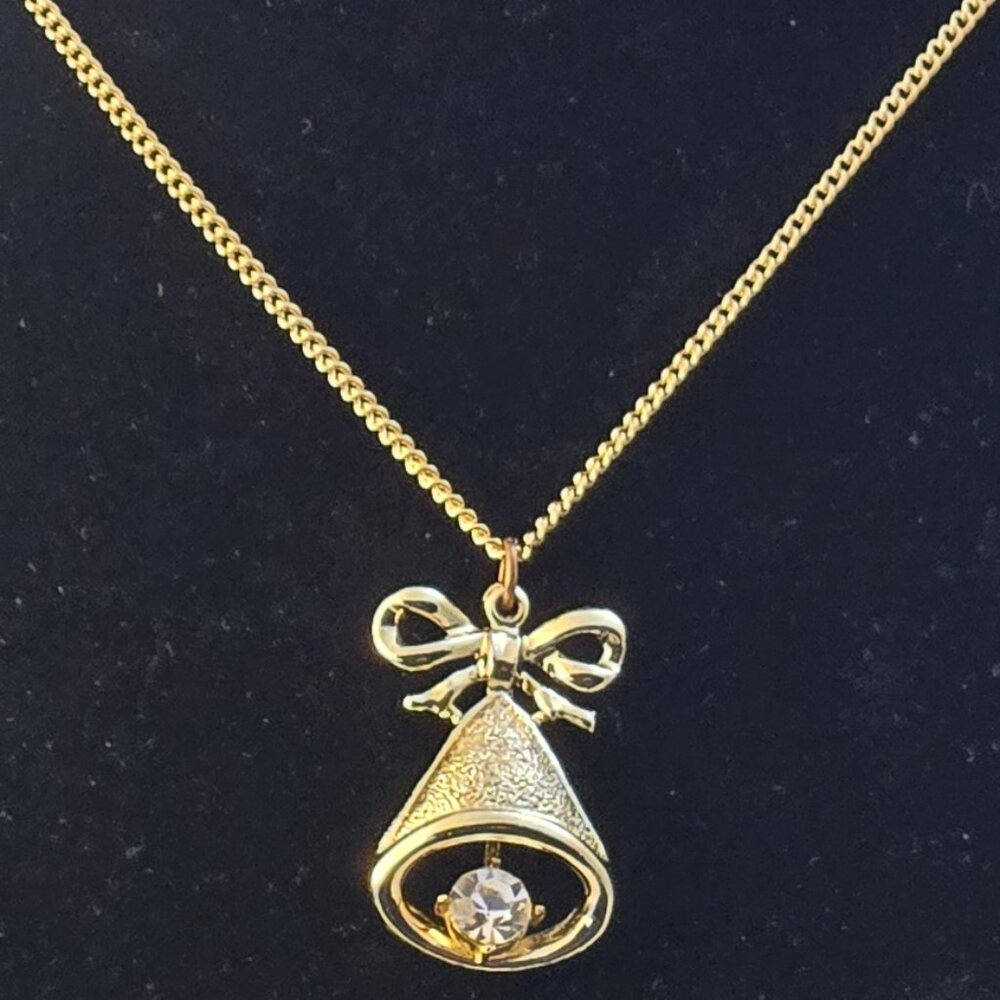 15" Yellow Gold Color Chain Necklace with Angel Bell Pendent w/ Clear Cut Stone